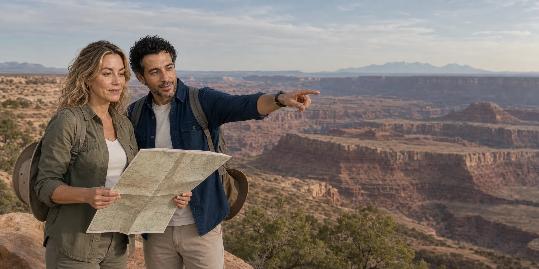 The ExcursionPass presenters read a map at a Canyonlands mesa-top overlook