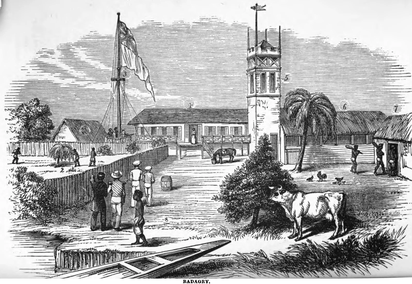 An 1851 missionary-period engraving depicts a building, figures, palms and a canoe at Badagry.