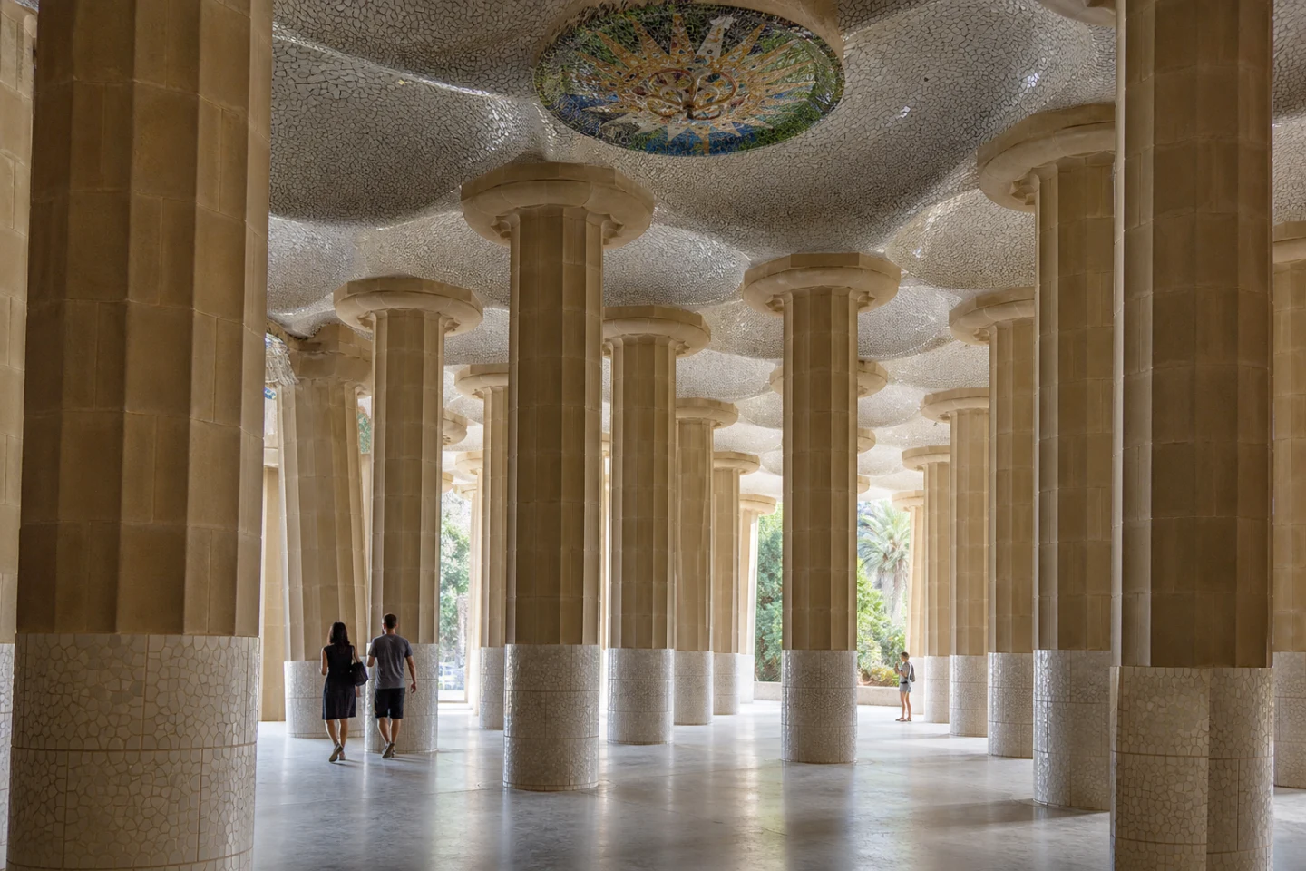 The columns and tile-shard ceiling of Park Güell’s Hypostyle Room