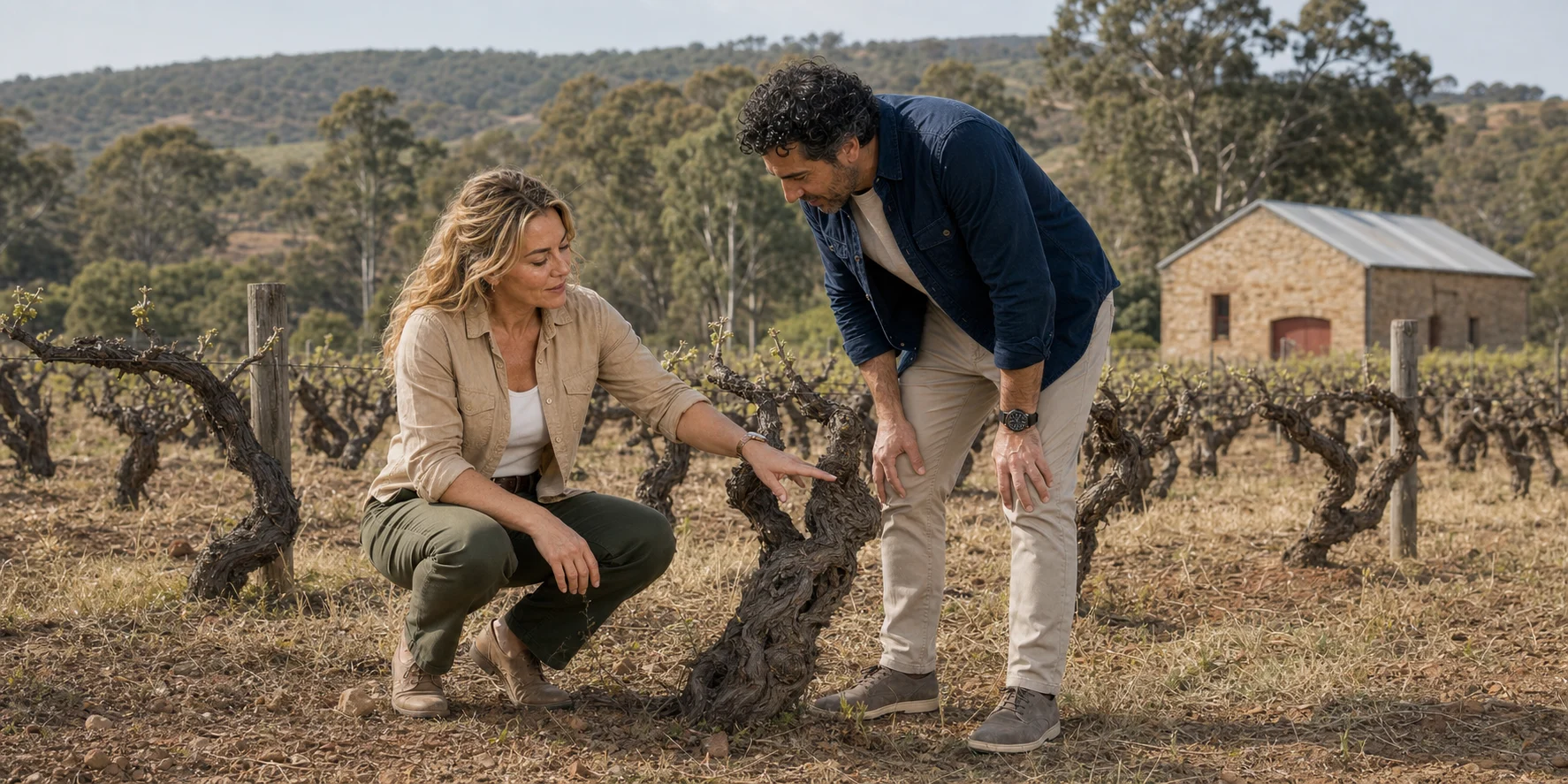 The ExcursionPass presenters examine an old vine in a Barossa vineyard