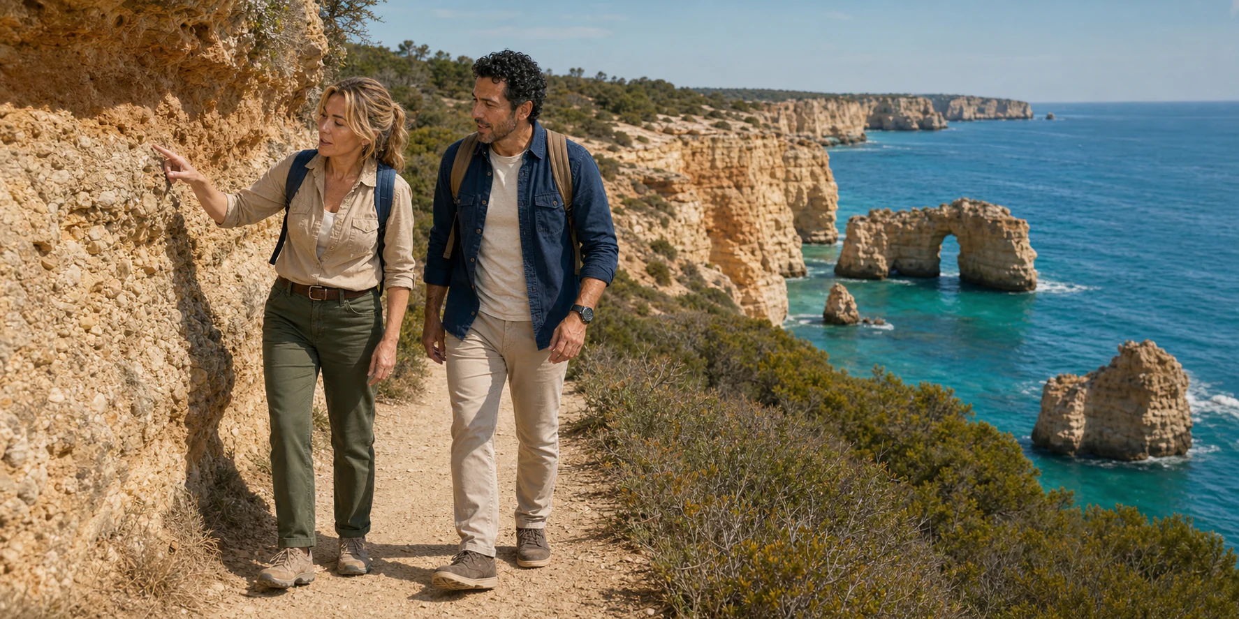 The ExcursionPass presenters examine fossil-rich limestone beside the Seven Hanging Valleys path while Praia da Marinha's cliffs and offshore arch fill the coast beyond