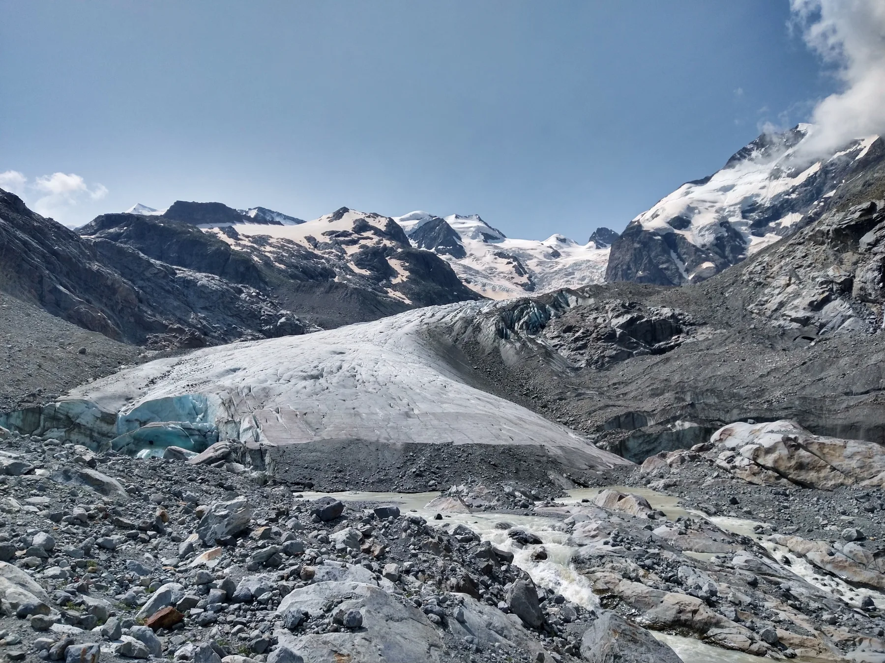 The Morteratsch Glacier tongue among exposed rock and meltwater in July 2024