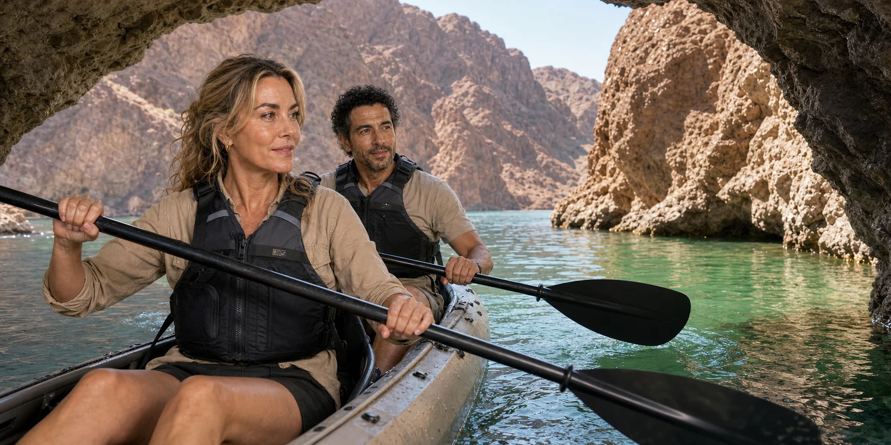 The two ExcursionPass presenters paddle a tandem kayak toward the small mouth of Emerald Cave in Black Canyon