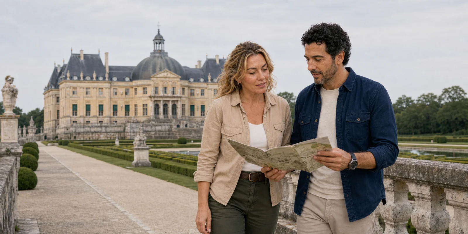 Two ExcursionPass presenters compare a site plan beside the formal gardens and garden façade of Vaux-le-Vicomte
