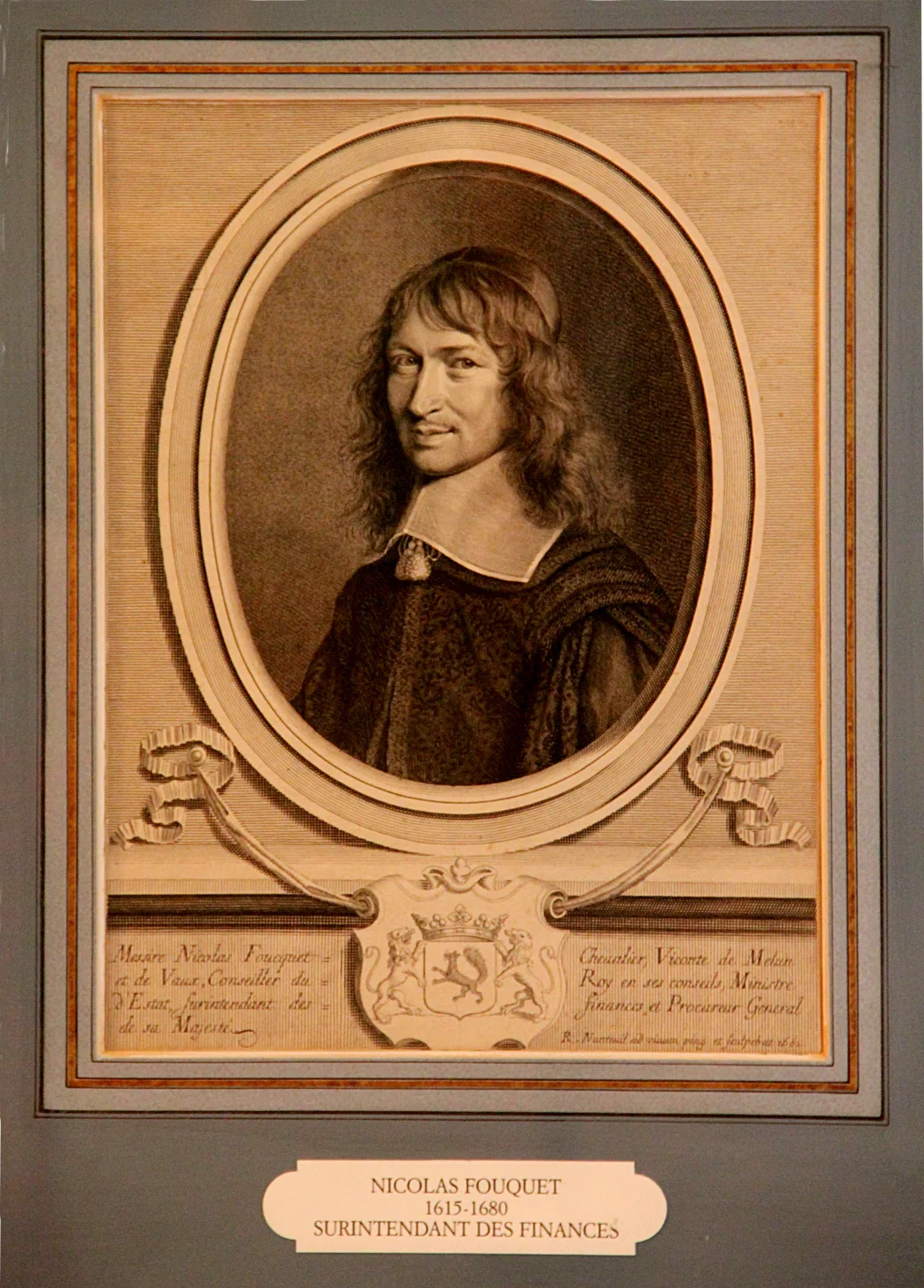 An engraved portrait presents Nicolas Fouquet in the visual language of seventeenth-century status.