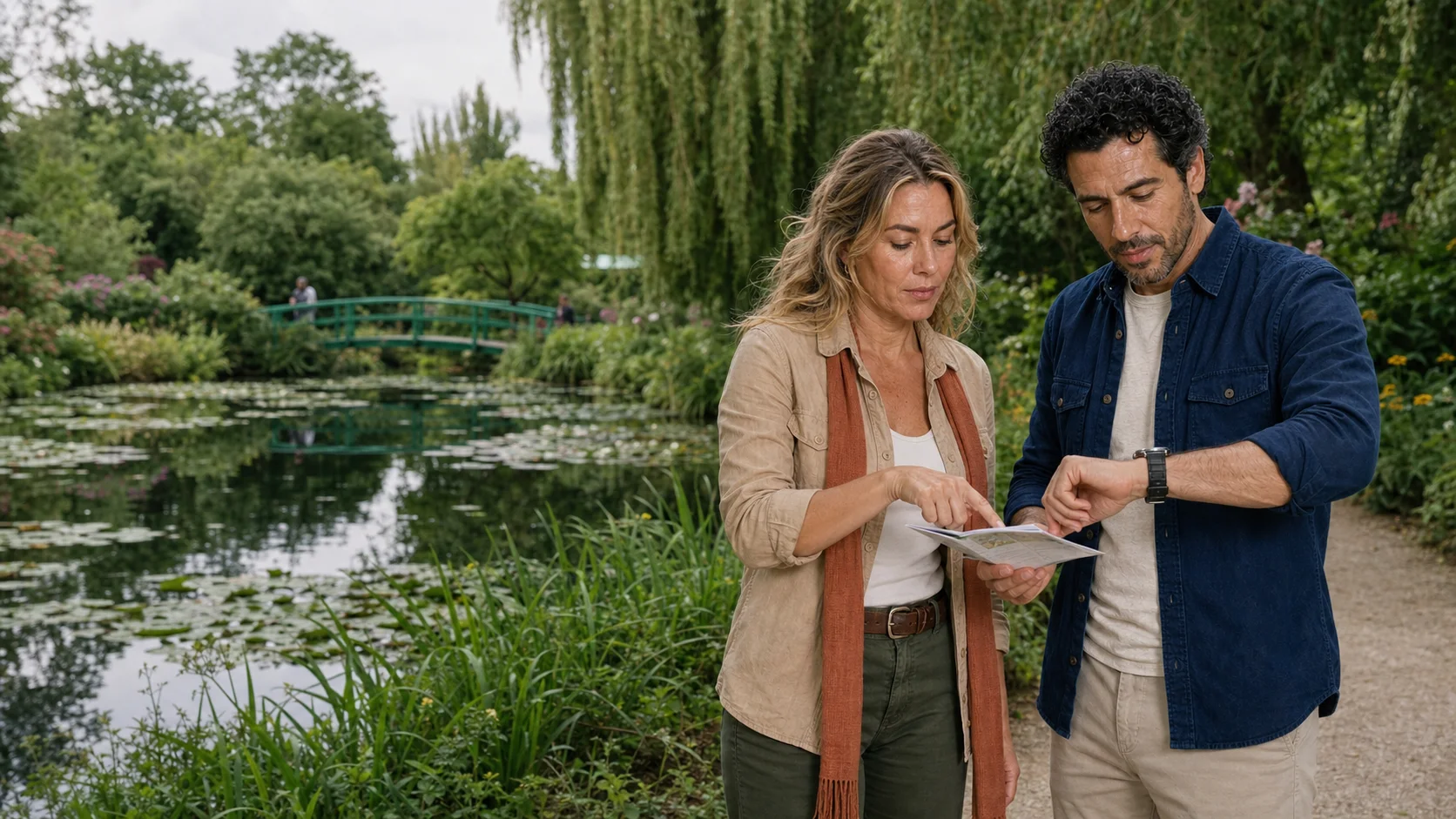 The ExcursionPass presenters compare a day plan beside Monet’s water-lily pond