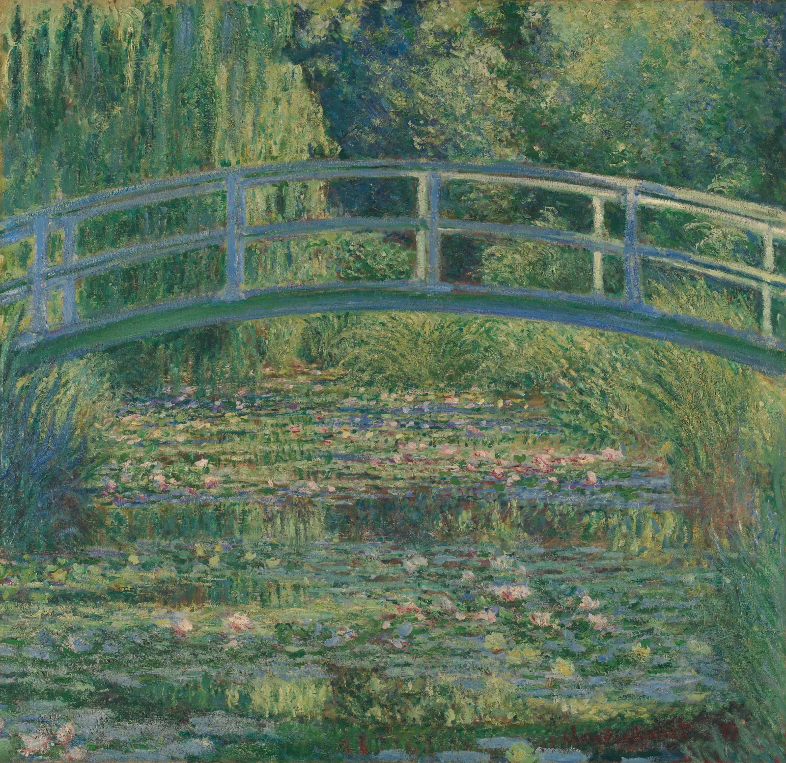 Claude Monet’s 1899 Water-Lily Pond places the arched bridge above a dense surface of lilies and reflection.