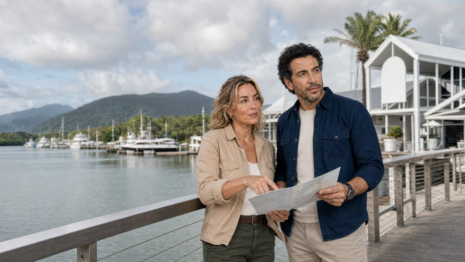 The ExcursionPass presenters study a route map beside Port Douglas marina