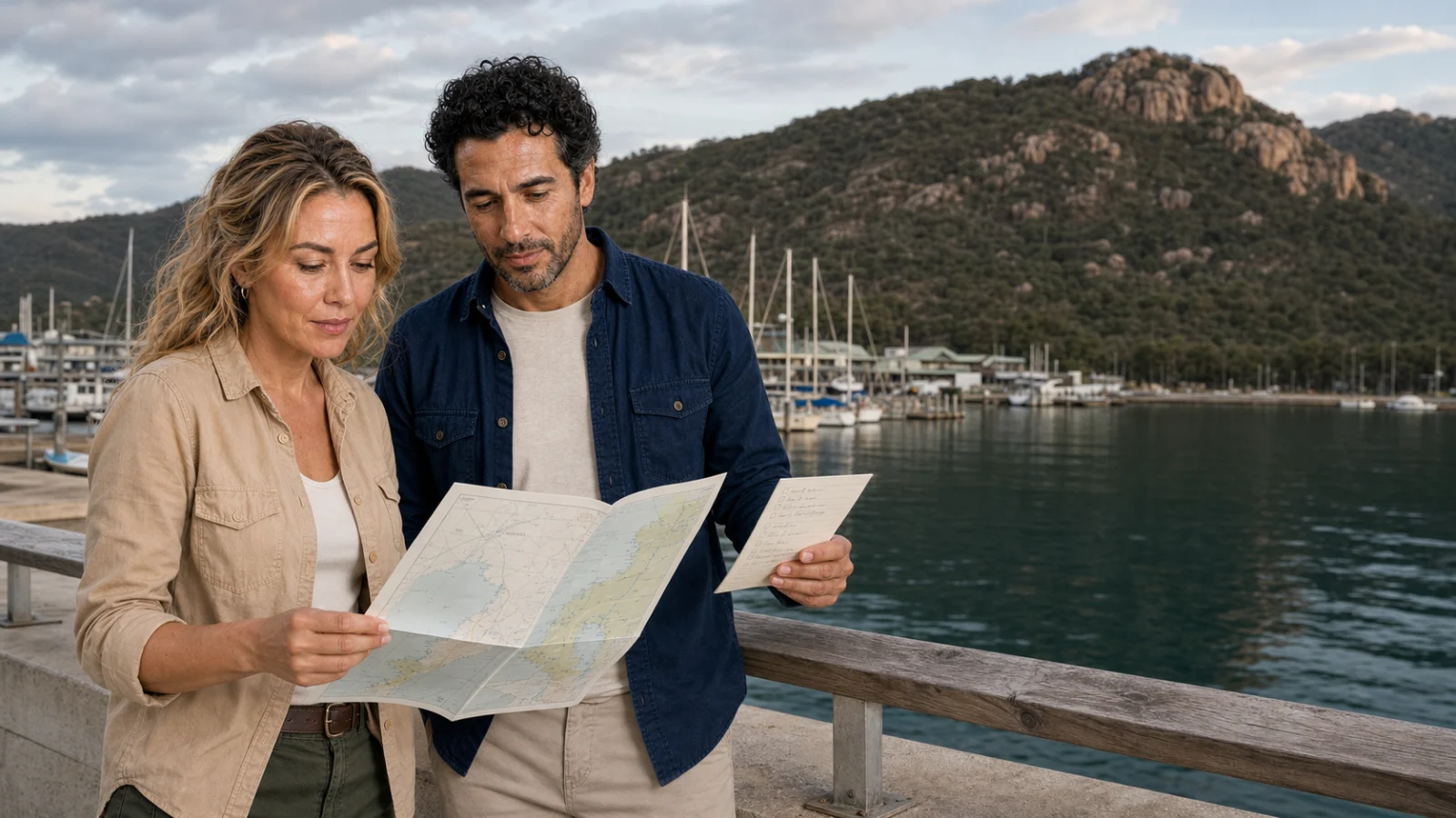 The two ExcursionPass presenters study a marine chart and a decision checklist beside a quiet Magnetic Island marina, with granite hills behind them