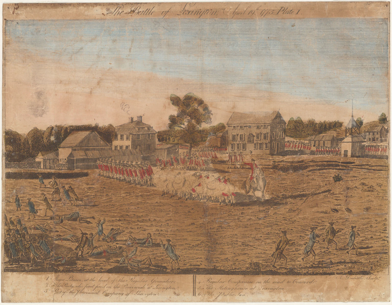 Amos Doolittle and Ralph Earl's 1775 print of the encounter on Lexington Common.