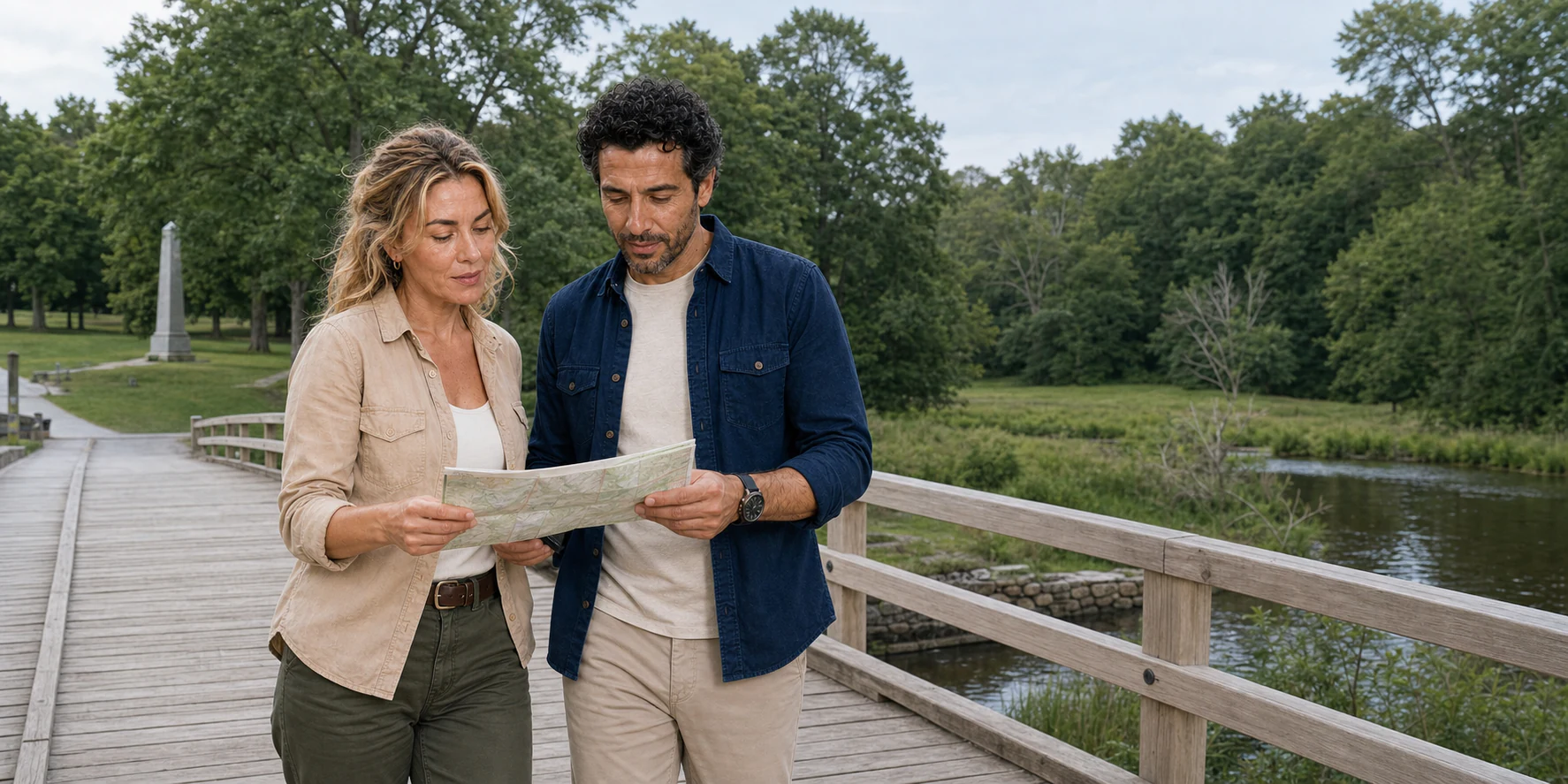 Two ExcursionPass presenters consult a map while crossing Concord's North Bridge