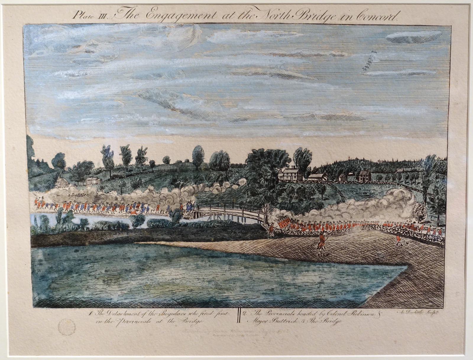 Amos Doolittle's 1775 view of the engagement at North Bridge.
