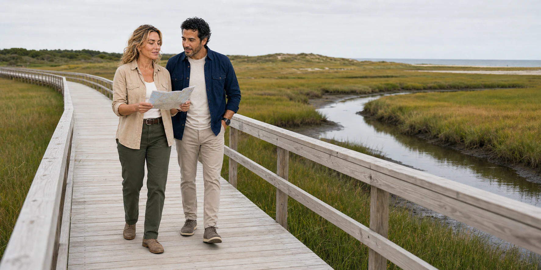 The ExcursionPass presenters walk along Sandwich Boardwalk while reading a map, with tidal salt marsh and Cape Cod Bay beyond