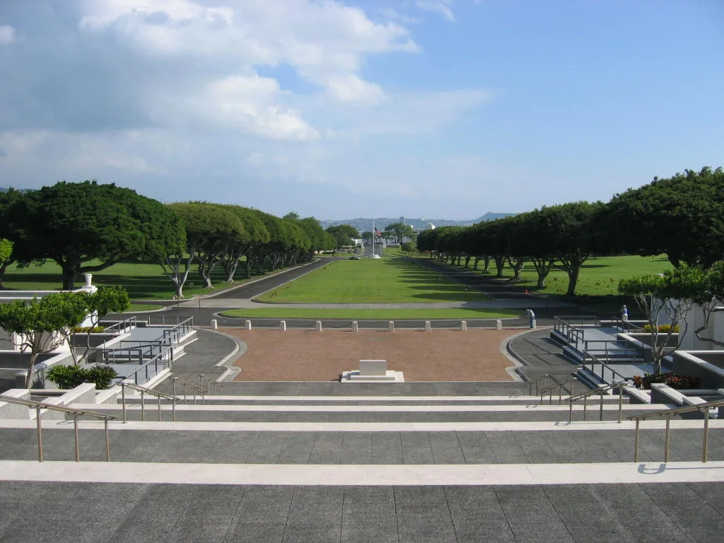 Terraces and central lawn at the National Memorial Cemetery of the Pacific in Puowaina/Punchbowl.