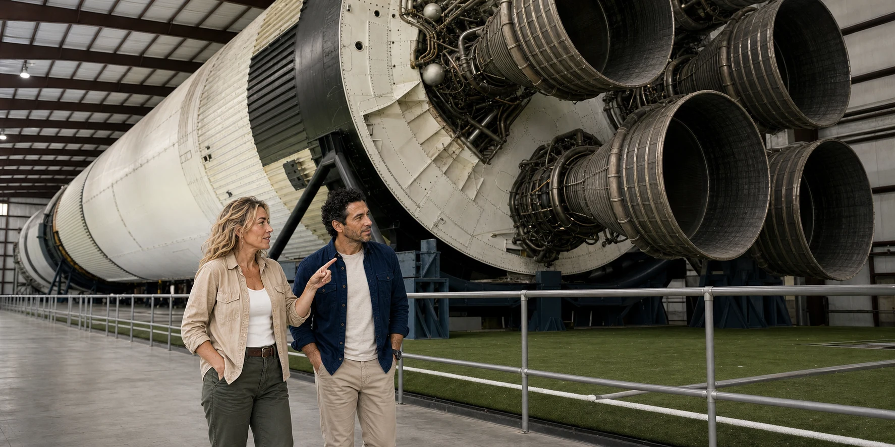 The ExcursionPass presenters read Saturn V engineering inside a covered aerospace hall