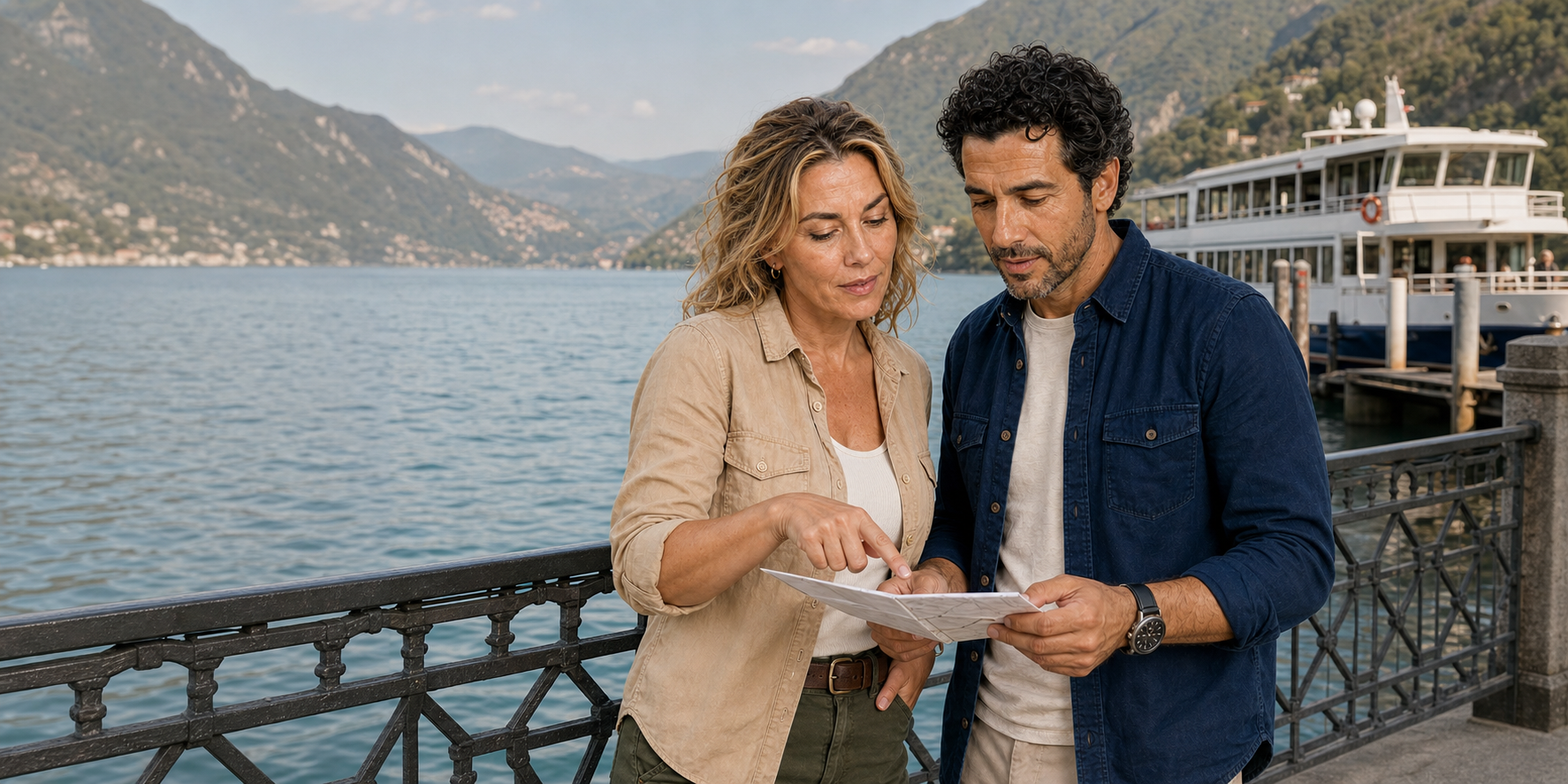 The two ExcursionPass presenters compare a paper route beside the Como passenger docks, with Lake Como and a public vessel behind them