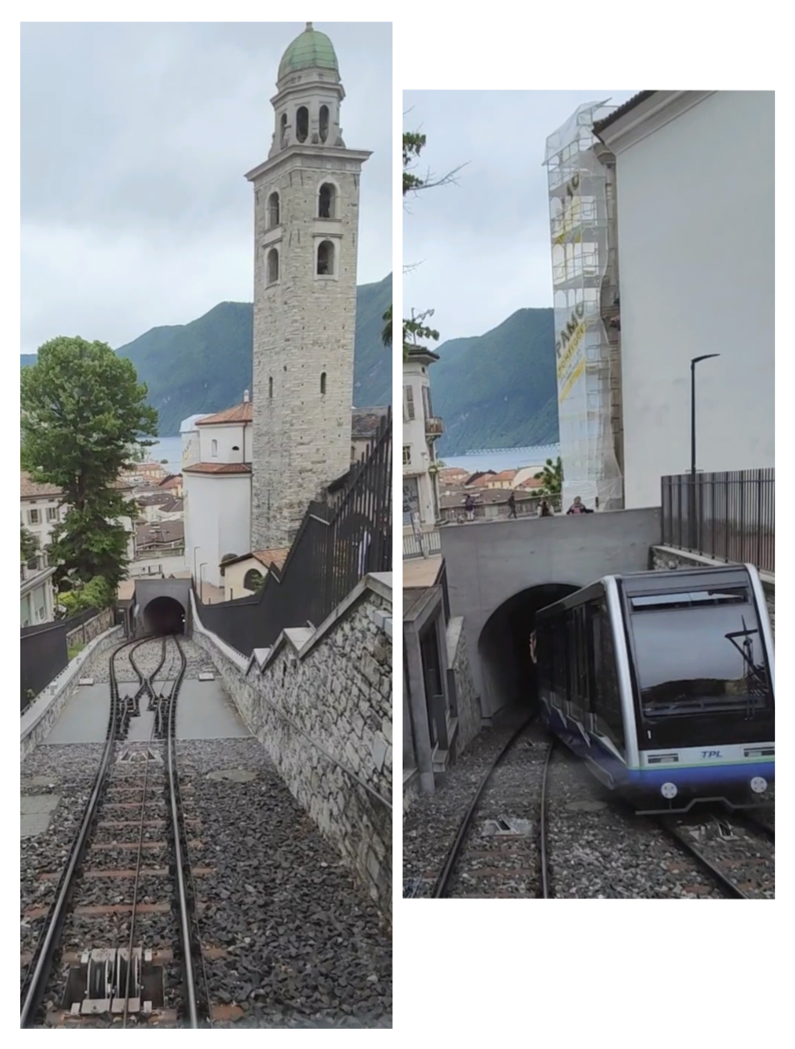Two dated views show the steep track and a modern cabin of the Lugano station–city funicular