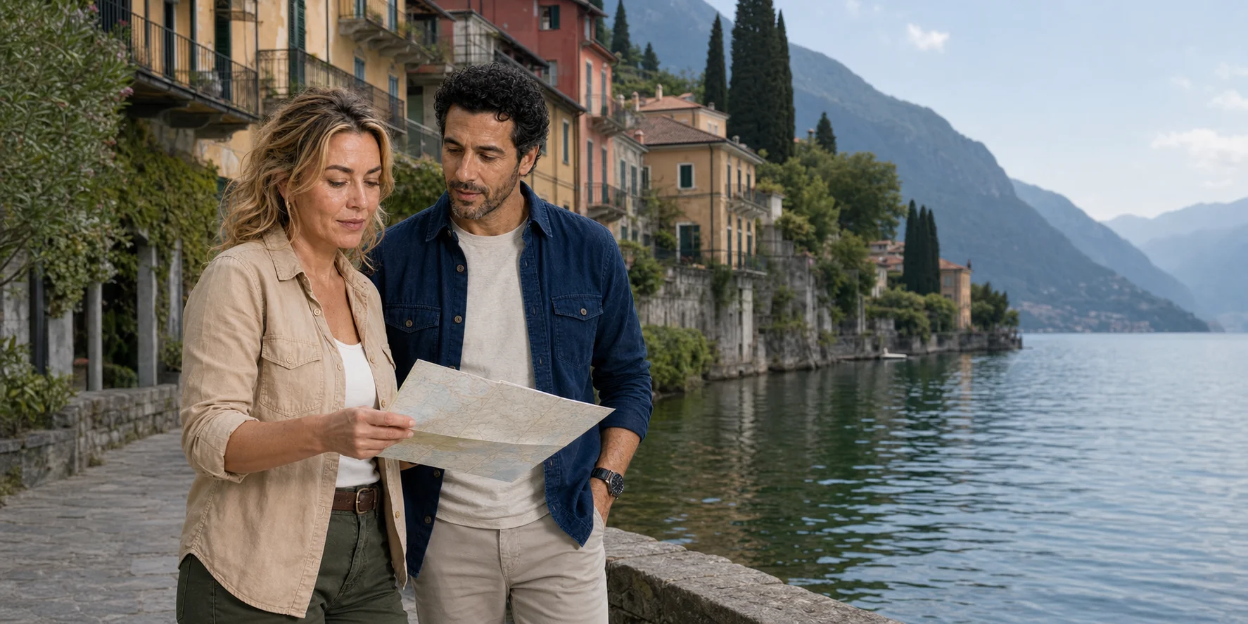 The ExcursionPass presenters read a folded lake map on Varenna’s waterfront