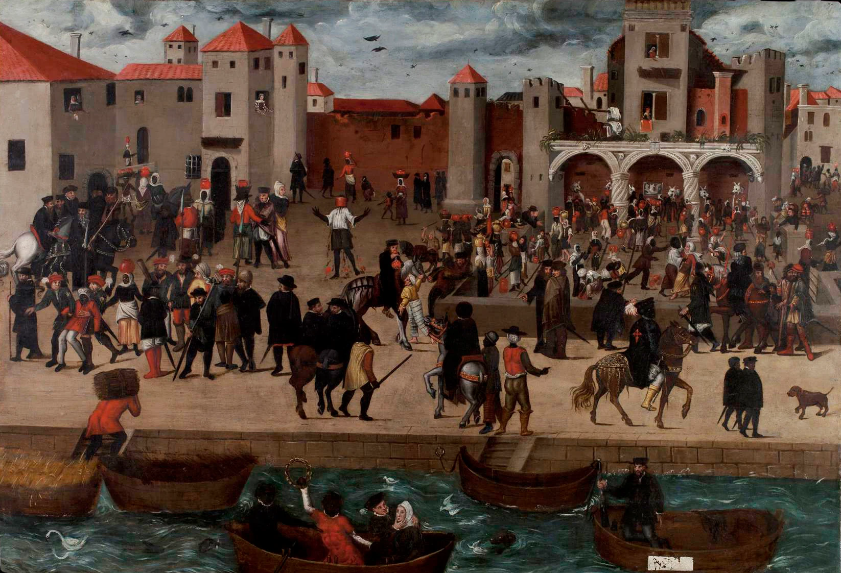 Anonymous early modern painting of the Chafariz d'El-Rei with people gathering, carrying vessels and moving through the waterfront setting