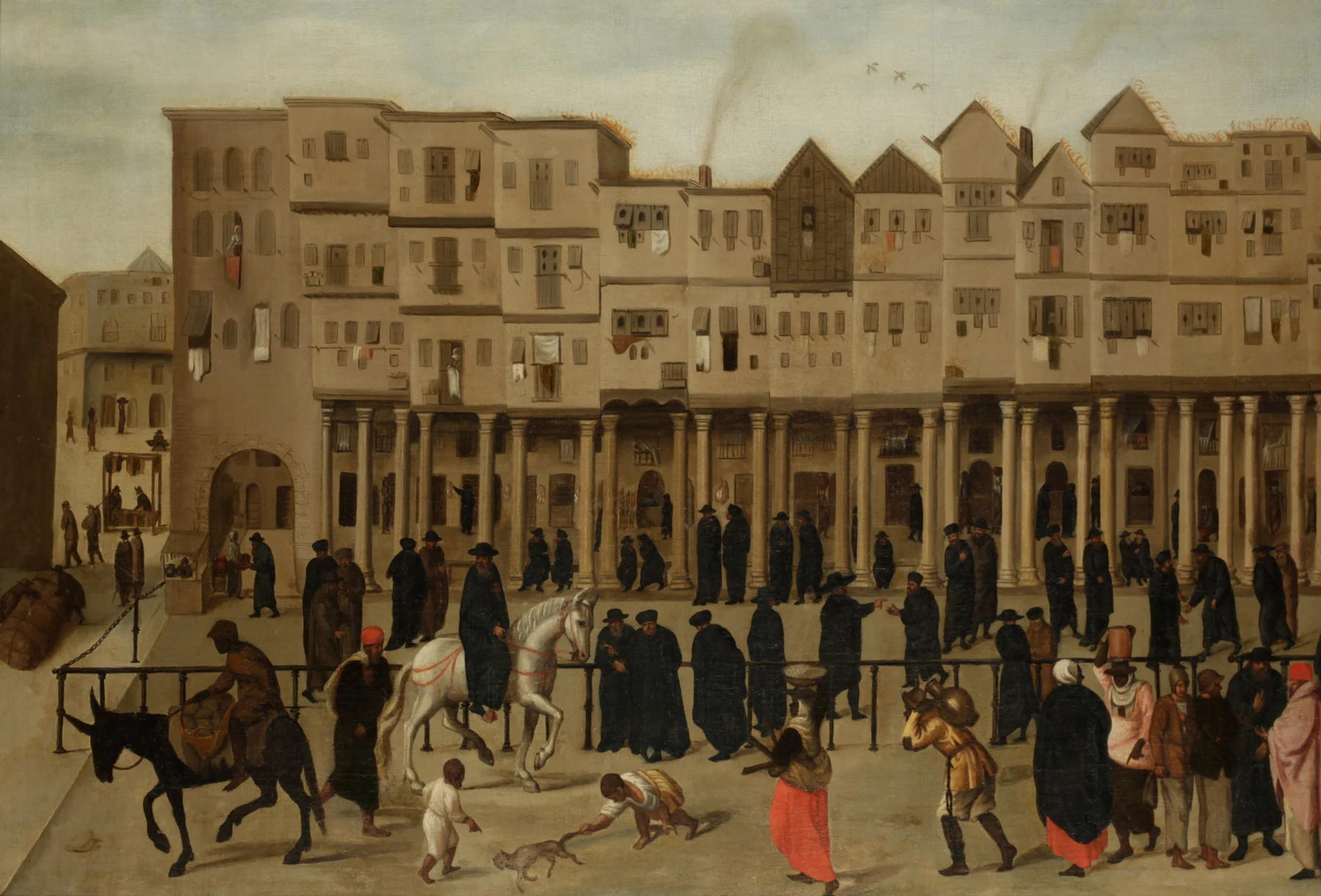 Historical painting of Rua Nova dos Mercadores showing arcaded buildings and figures in a crowded commercial street