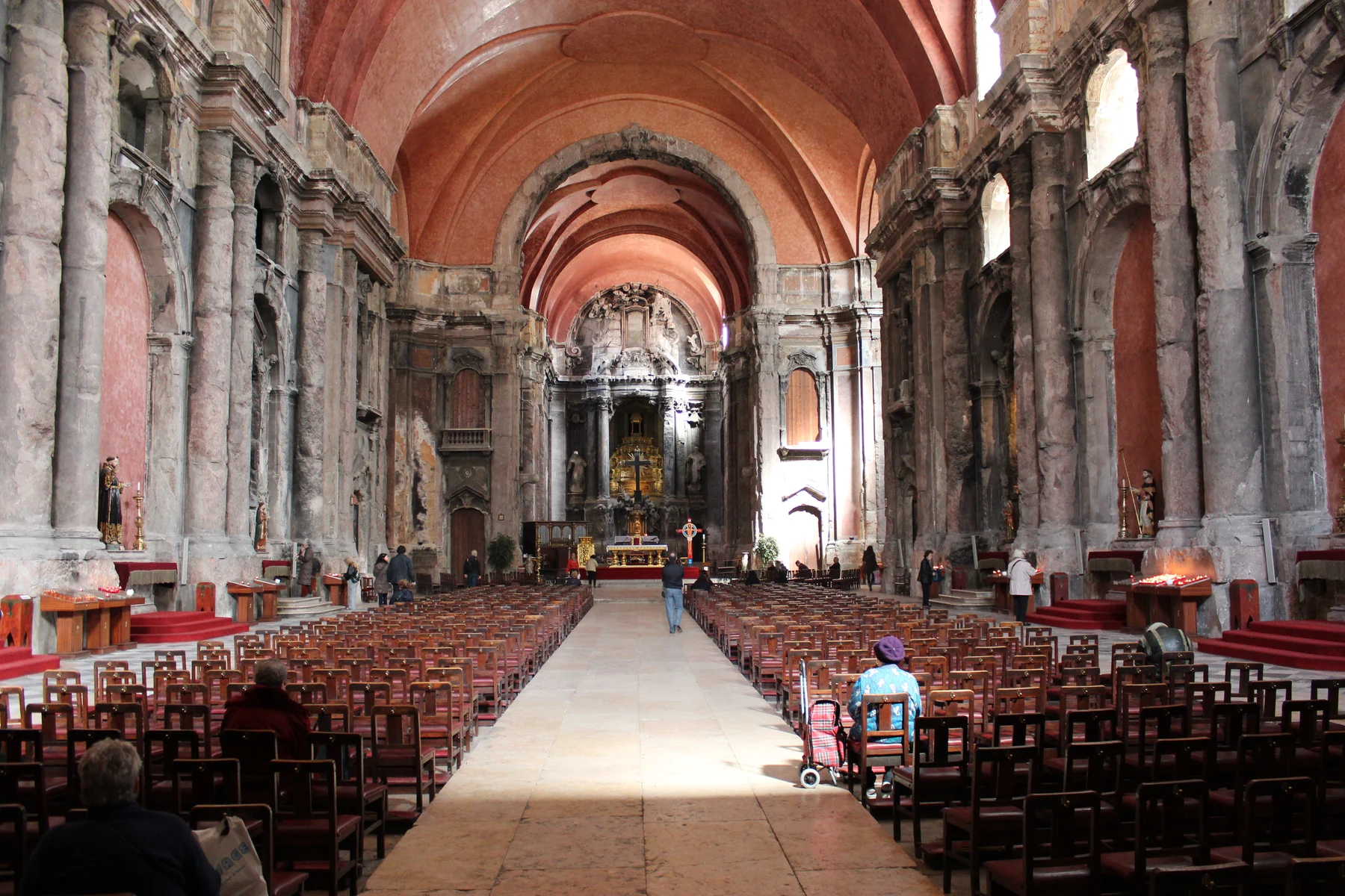 The nave of Lisbon's São Domingos church, with its altered stone surfaces and surviving architectural forms
