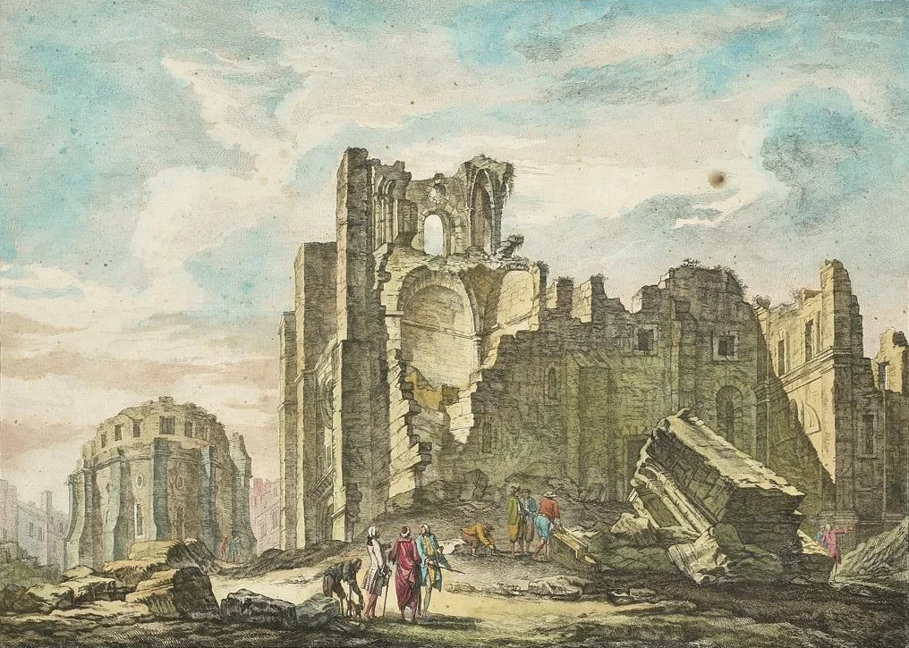 A 1757 print represents the ruined Lisbon Cathedral after the 1755 earthquake.