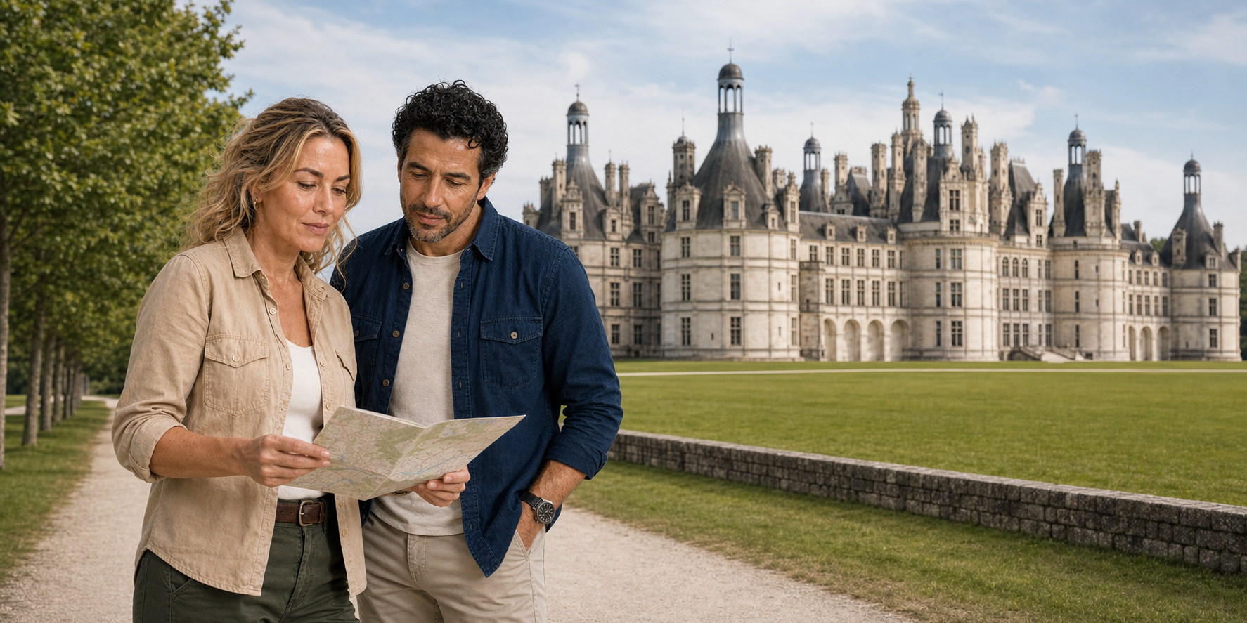 The ExcursionPass presenters read a route map near Château de Chambord