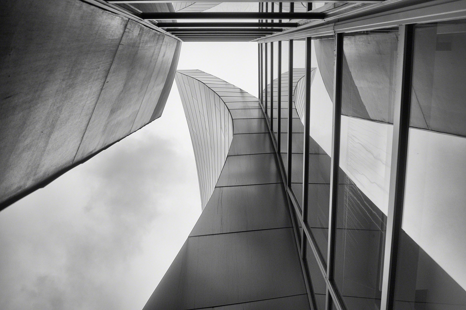 Steel, concrete and glazing frame an upward view inside Walt Disney Concert Hall’s atrium.