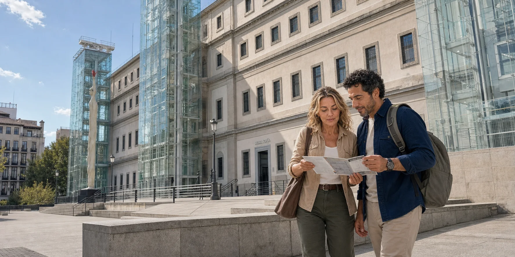 The ExcursionPass presenters consult a museum map outside the pale stone Sabatini building and its glass lift towers.