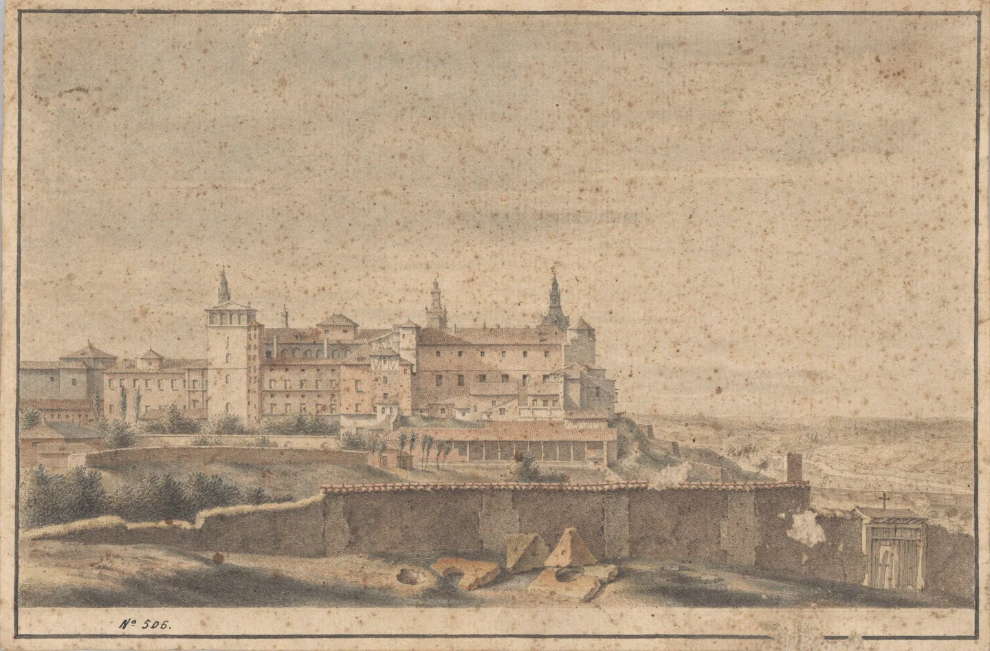 A seventeenth-century painted view shows the irregular north façade and towers of Madrid’s former Alcázar.