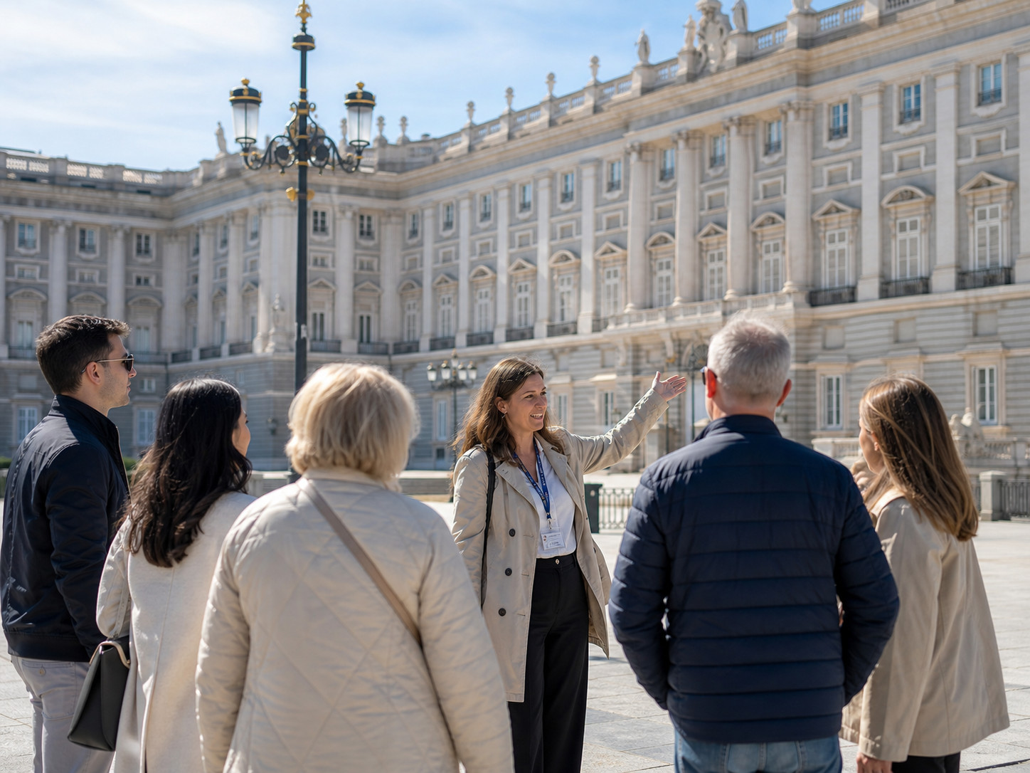 An official guide introducing a small group to Madrid’s Royal Palace in the palace courtyard