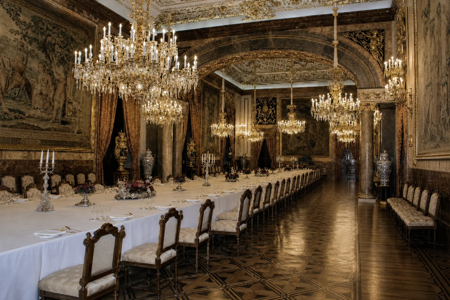 The long Gala Dining Room is set beneath chandeliers, painted ceilings and tapestries.