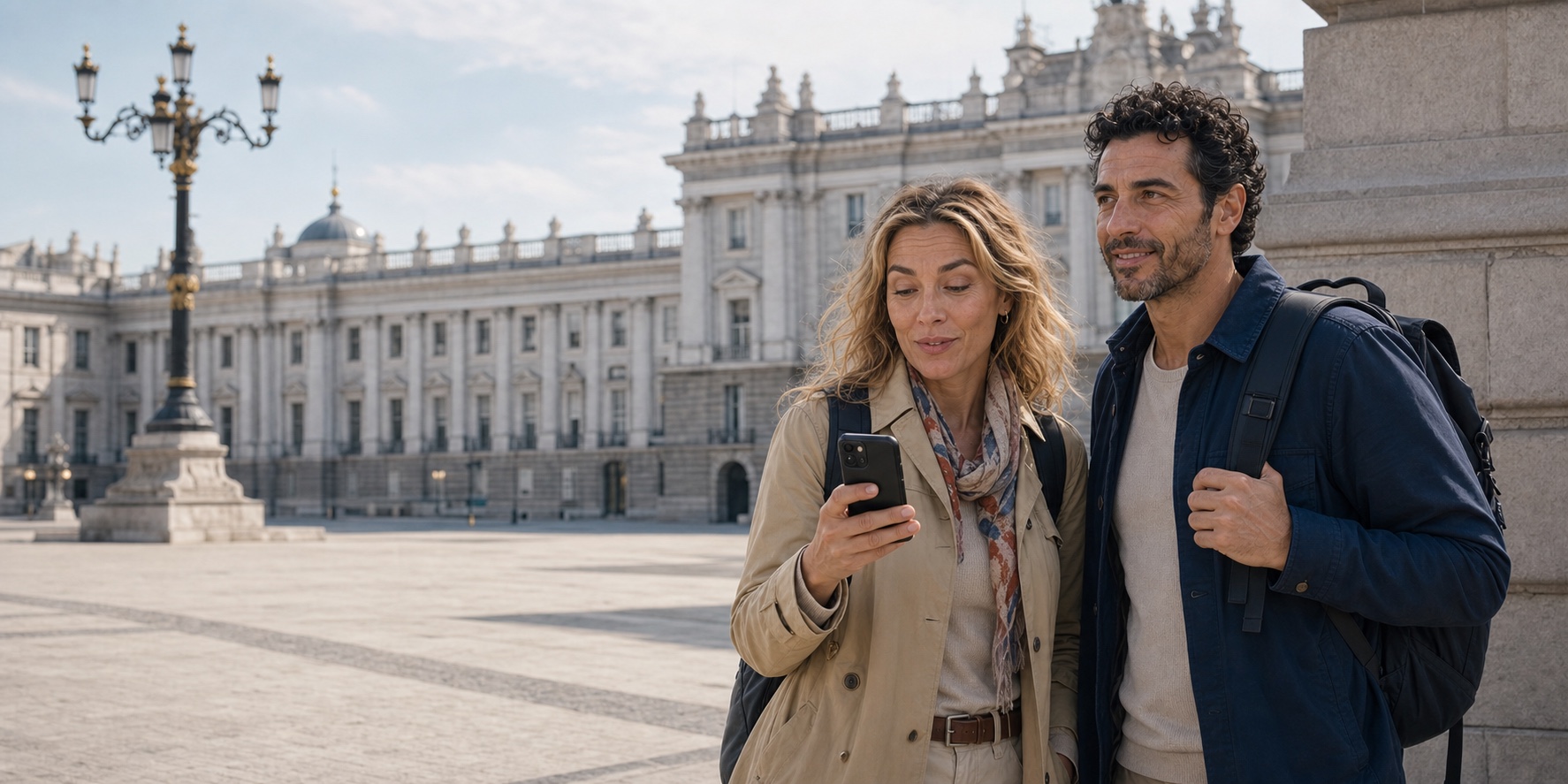 The ExcursionPass travelling couple beside Madrid’s Royal Palace