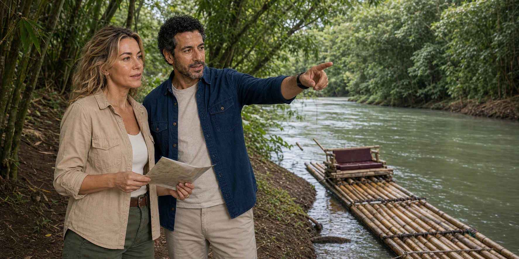 Two ExcursionPass presenters study the Martha Brae riverbank beside an empty bamboo raft