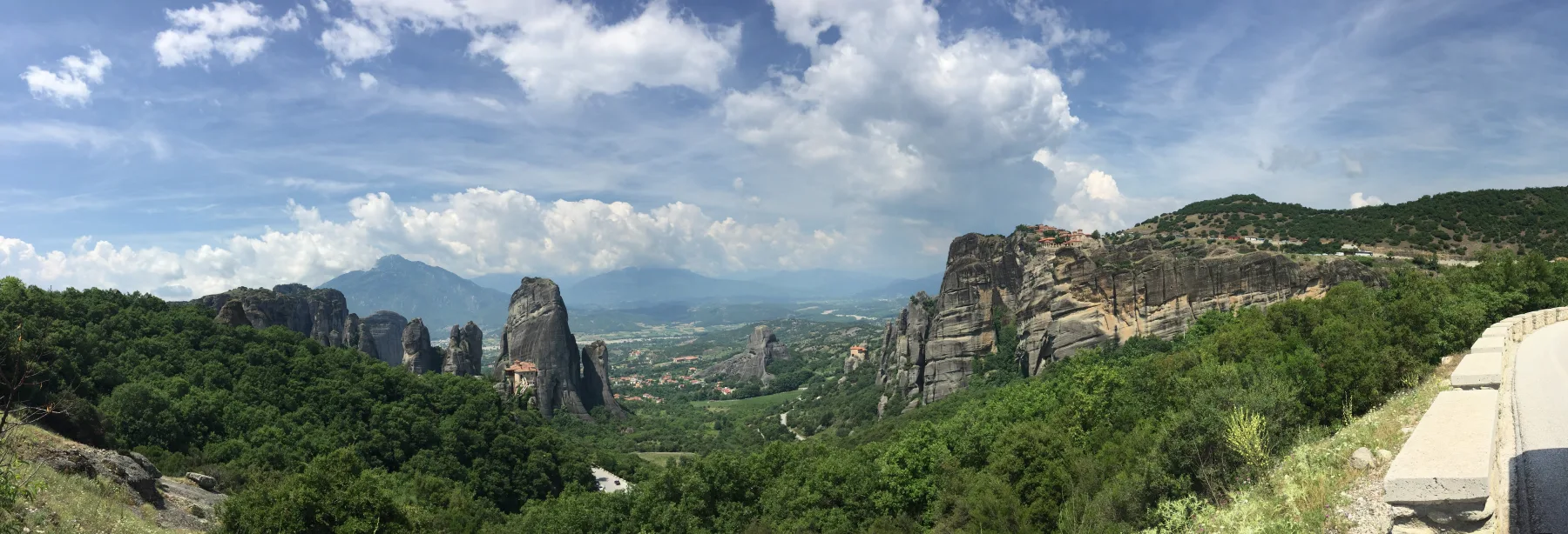 A wide view across the Meteora towers, forests and road circuit
