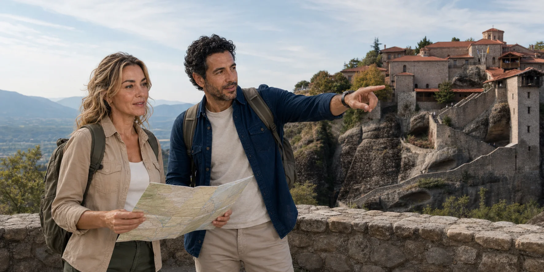 The ExcursionPass presenters read a route map at a Meteora viewpoint