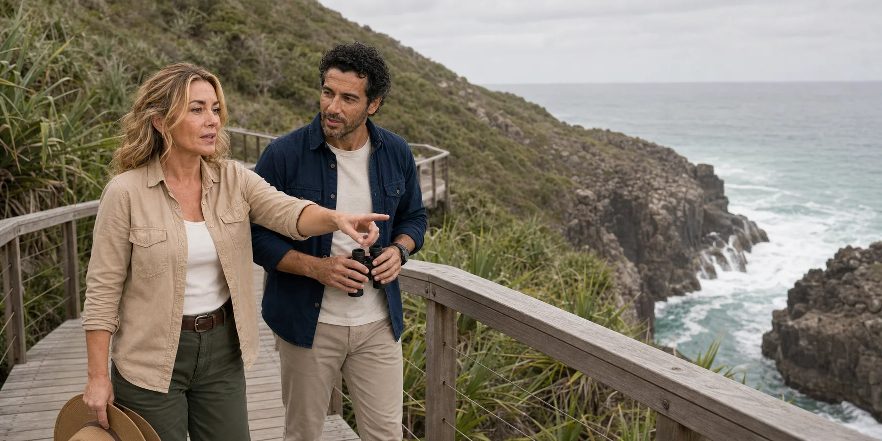 The ExcursionPass presenters pause on a coastal boardwalk above the North Gorge, one pointing toward the headland while the other holds binoculars and listens