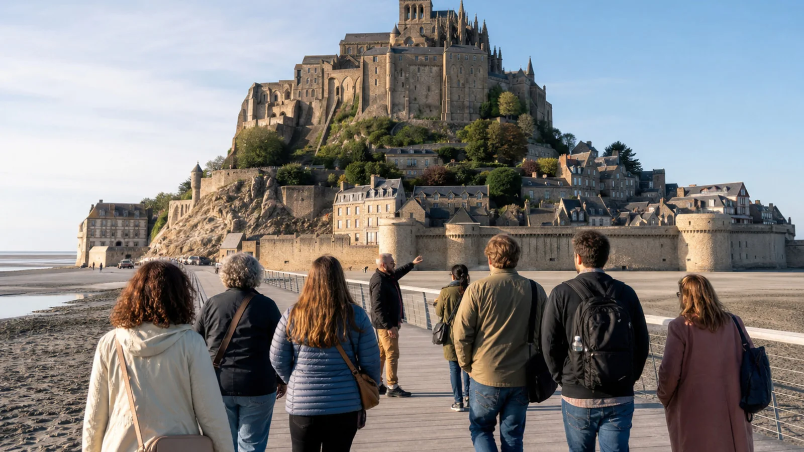 A real small group and guide stand on the current bridge during the approach to Mont-Saint-Michel, with the mount visible across the flats.