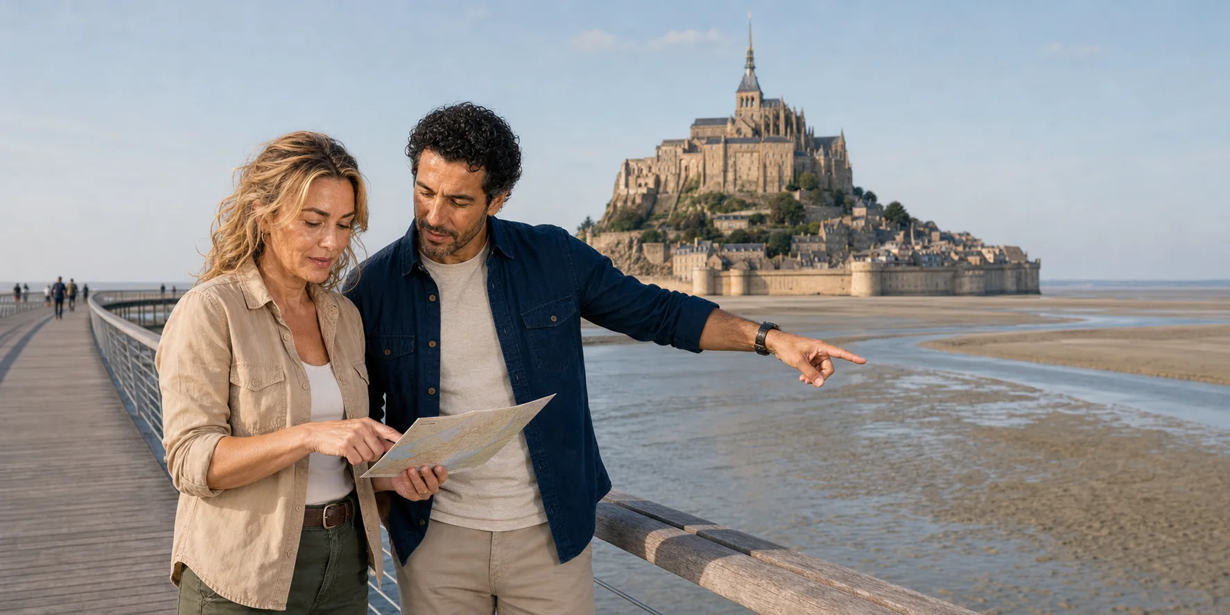 The ExcursionPass presenters read a map and point to a tidal channel on the bridge to Mont-Saint-Michel