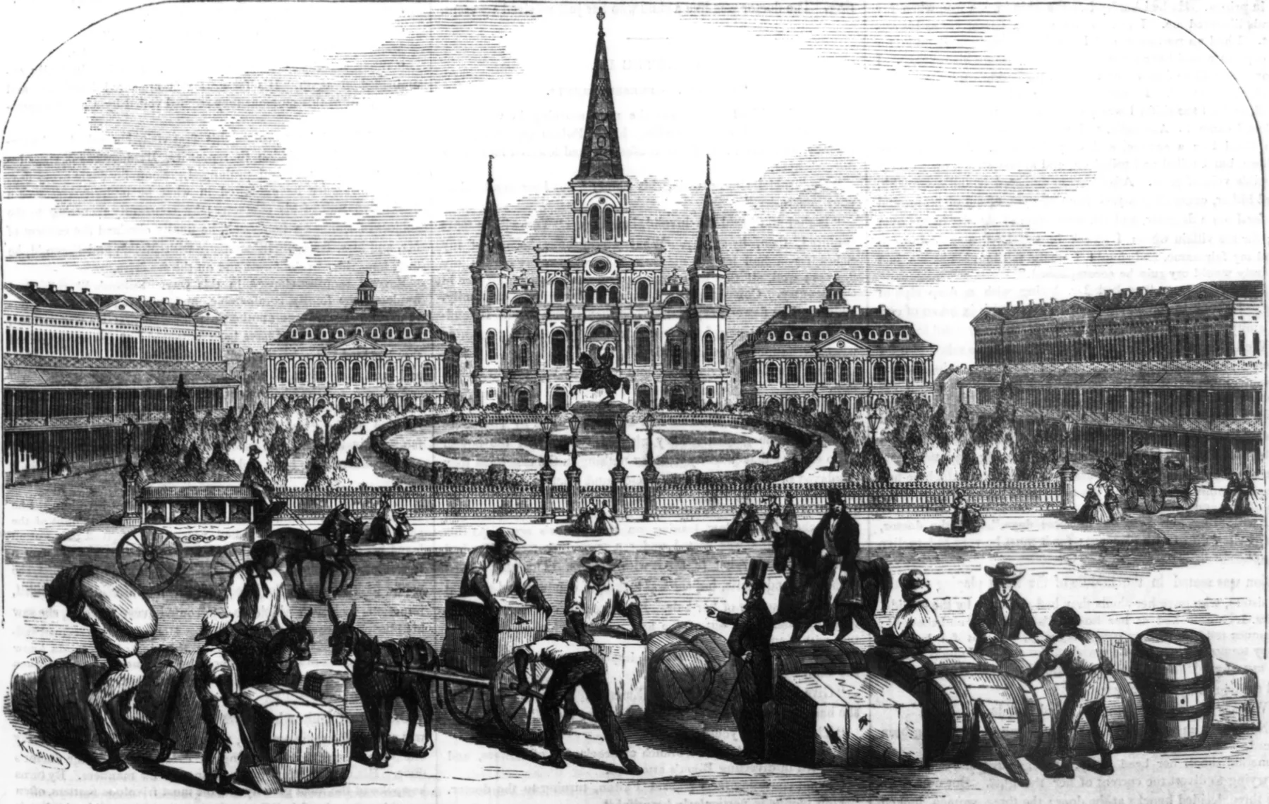 An 1858 illustration shows Jackson Square as a landscaped garden framed by the Pontalba rows while port labor fills the foreground