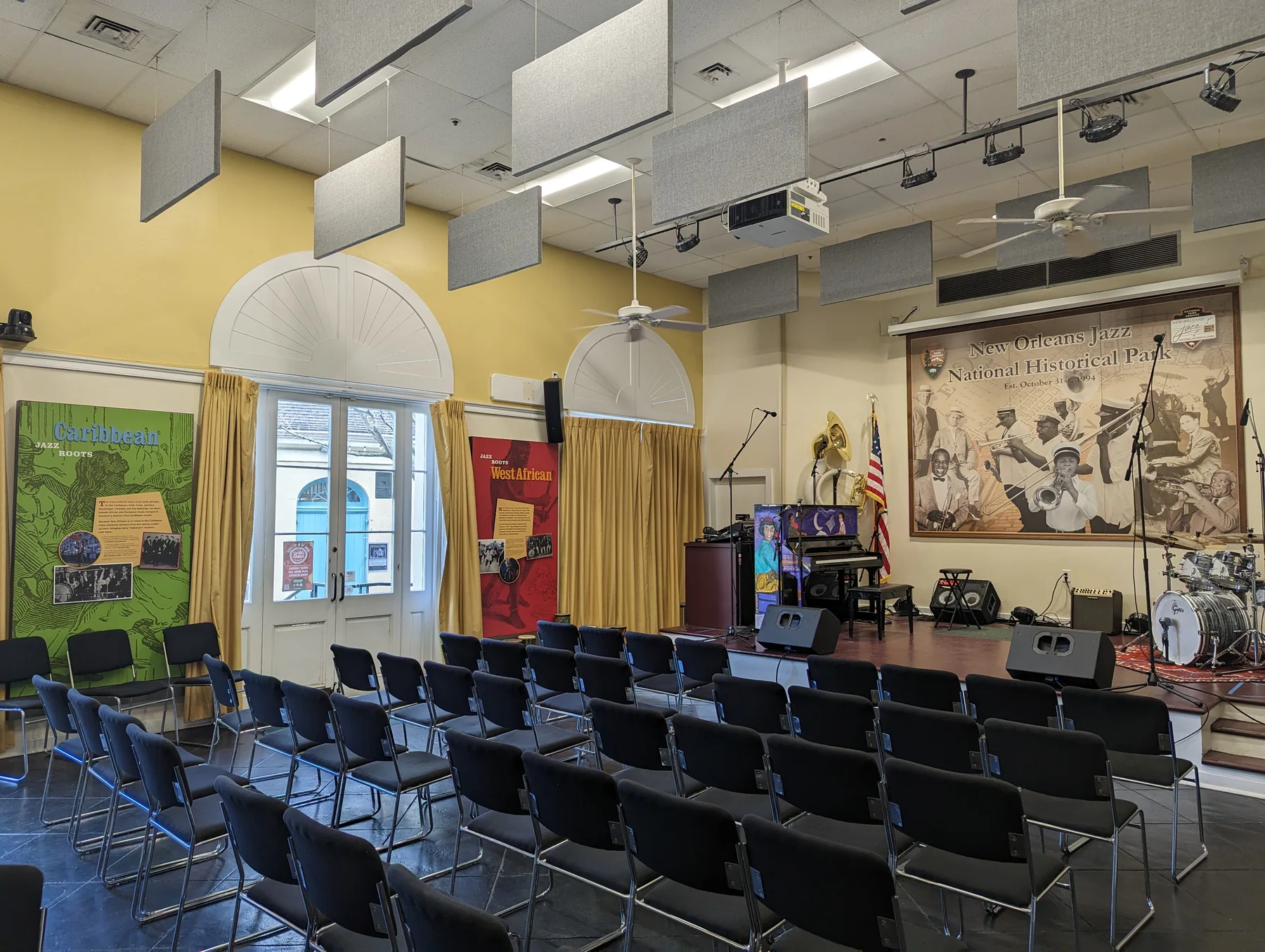 A small theater inside the New Orleans Jazz National Historical Park holds instruments, interpretation and a working performance space