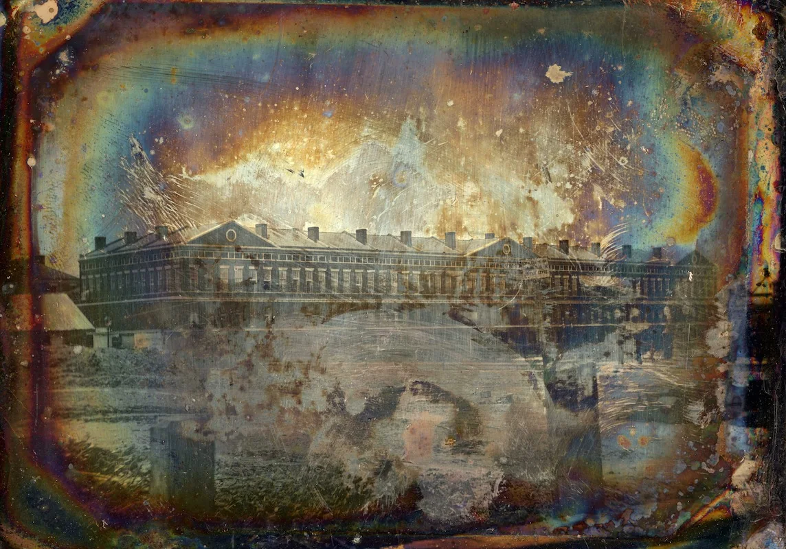 A decayed 1851 daguerreotype shows a newly completed Pontalba building before it became heritage scenery