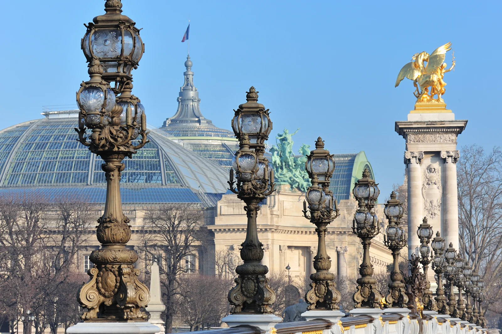 The Grand Palais glass roof, bridge lamps and a gilded Pont Alexandre III pylon aligned in one view.