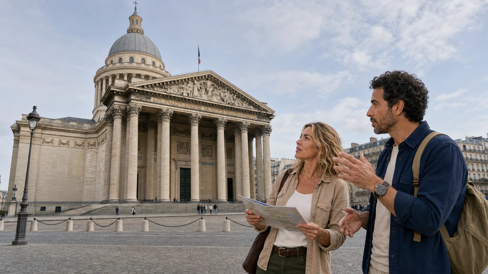 The two ExcursionPass presenters stand on Place du Panthéon with a folded neighbourhood map, studying the monument’s dome and civic façade.