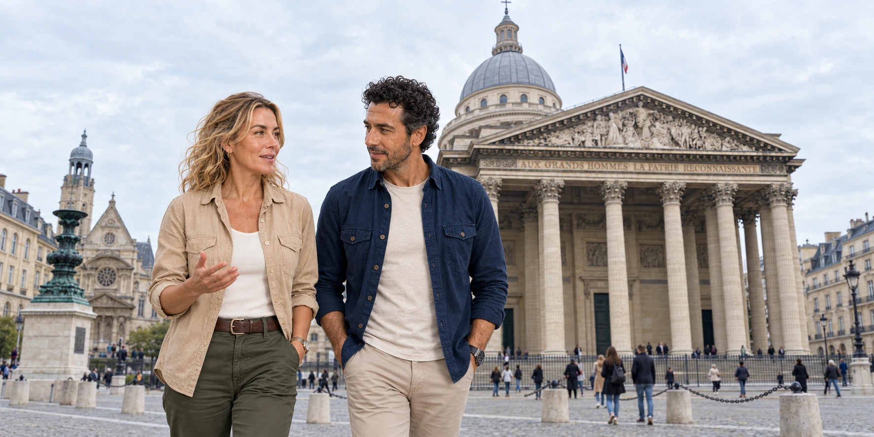 The two ExcursionPass presenters walk in conversation across Place du Panthéon, with the monument’s portico and dome behind them.