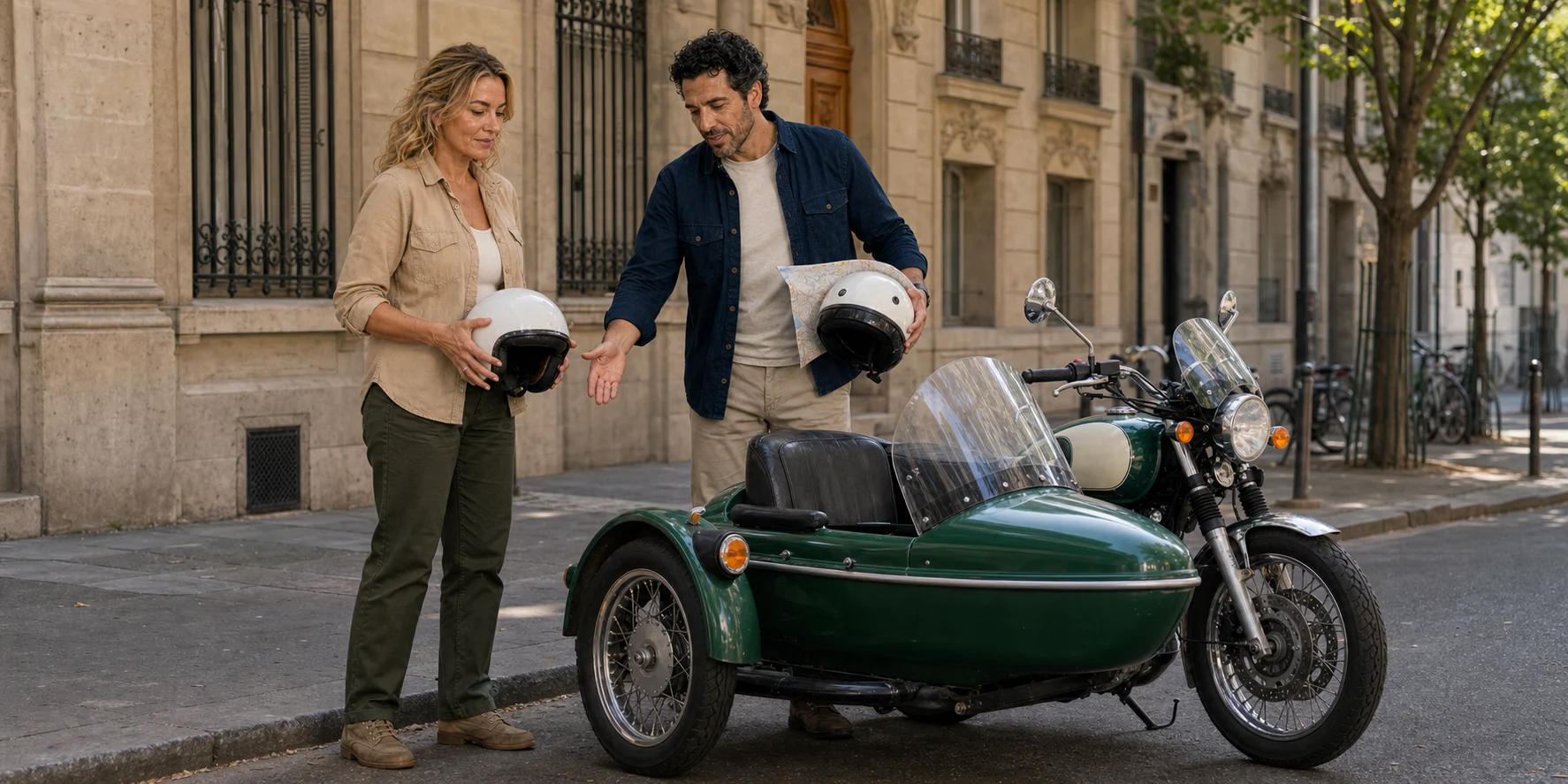 The two ExcursionPass presenters examine a stationary vintage motorcycle and sidecar on a quiet Paris street.