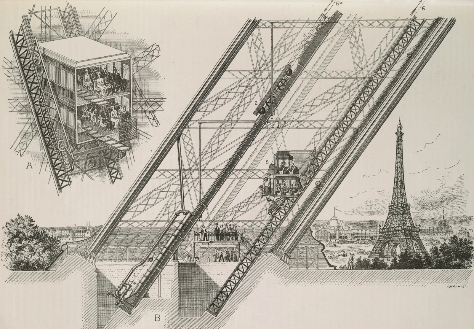 G. Hentschel's sectional drawing of the Otis elevators created for the 1889 tower.