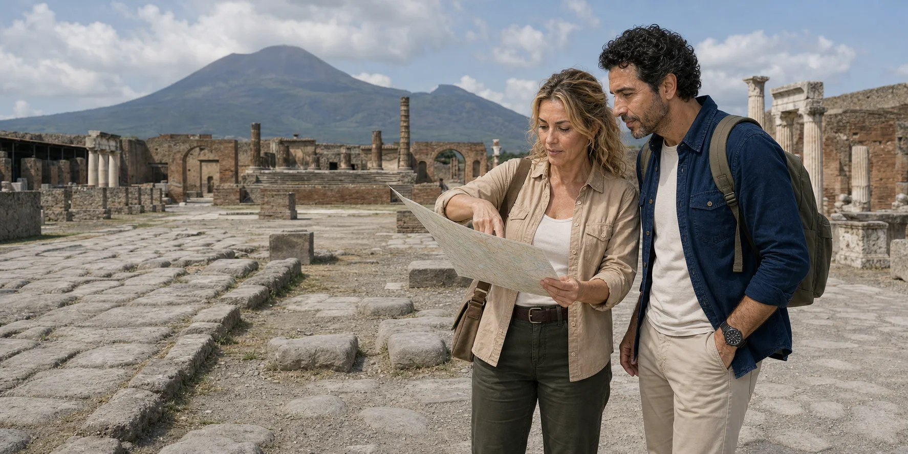 The ExcursionPass presenters study a site map in the Forum with Mount Vesuvius beyond Pompeii