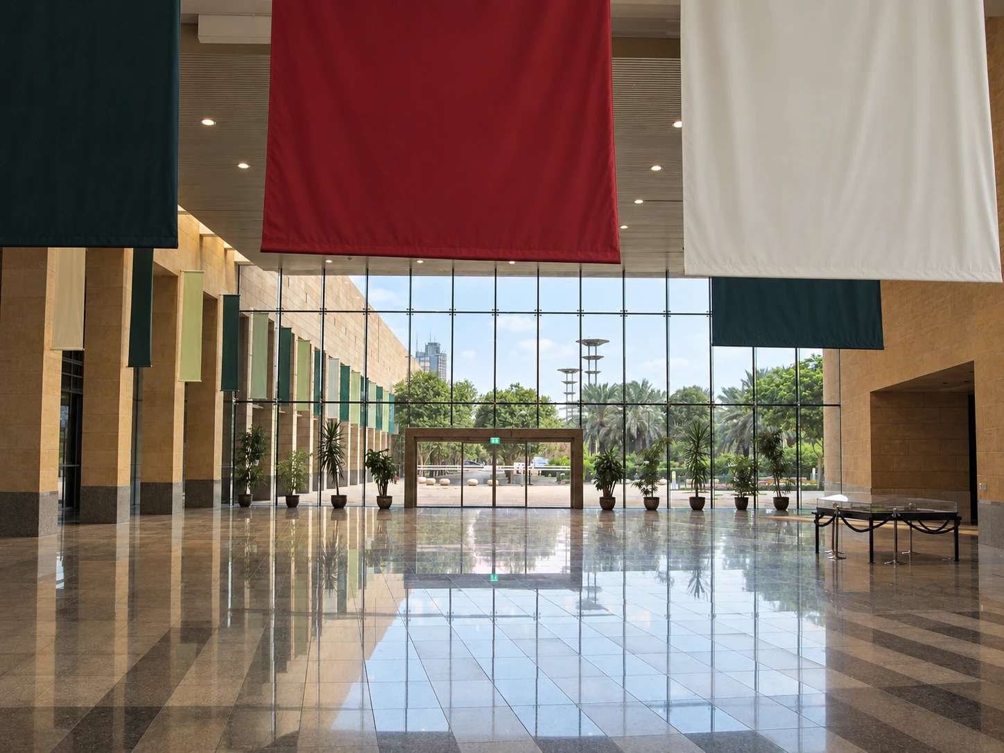 AI-assisted reconstruction of the National Museum entrance hall, with stone walls and a glazed view toward the historical centre.