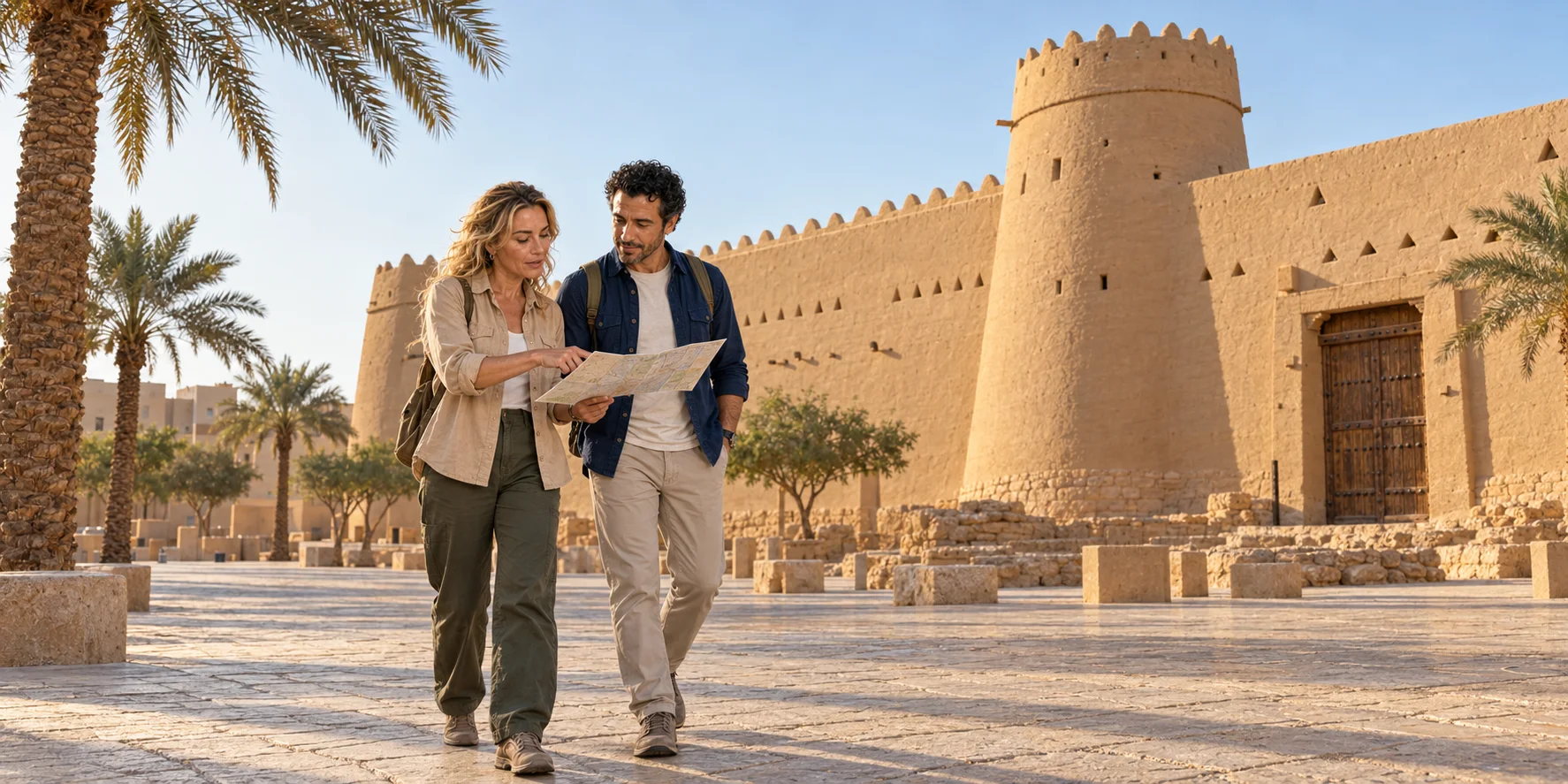 AI illustration of the presenters beside a Najdi-inspired fort